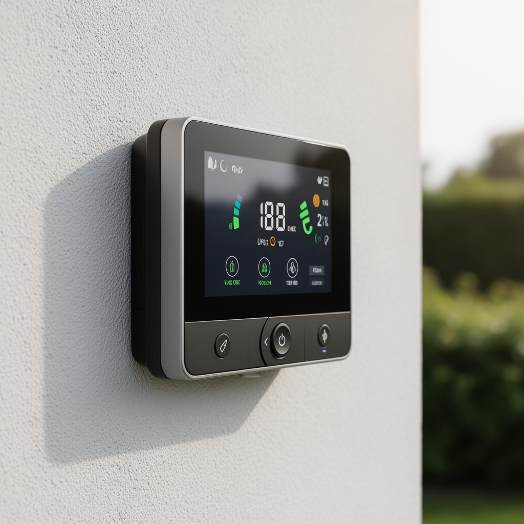 Smart irrigation control panel mounted on an exterior wall