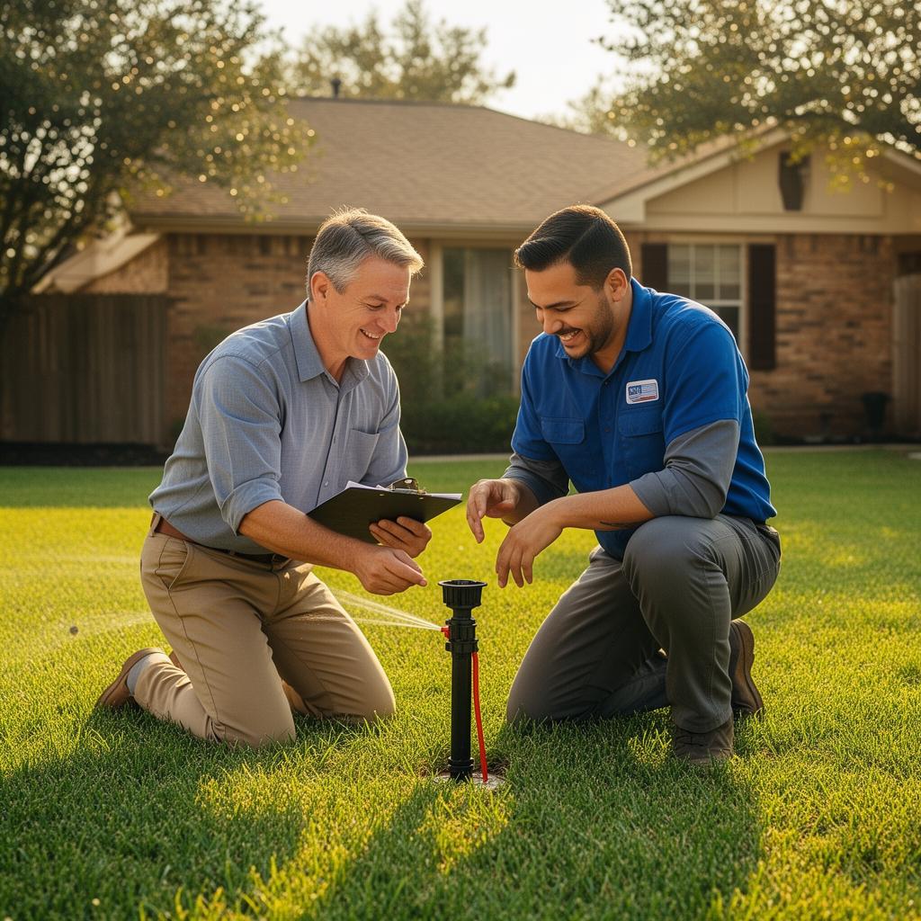 Homeowner reviewing a sprinkler system with a 214 Irrigation professional