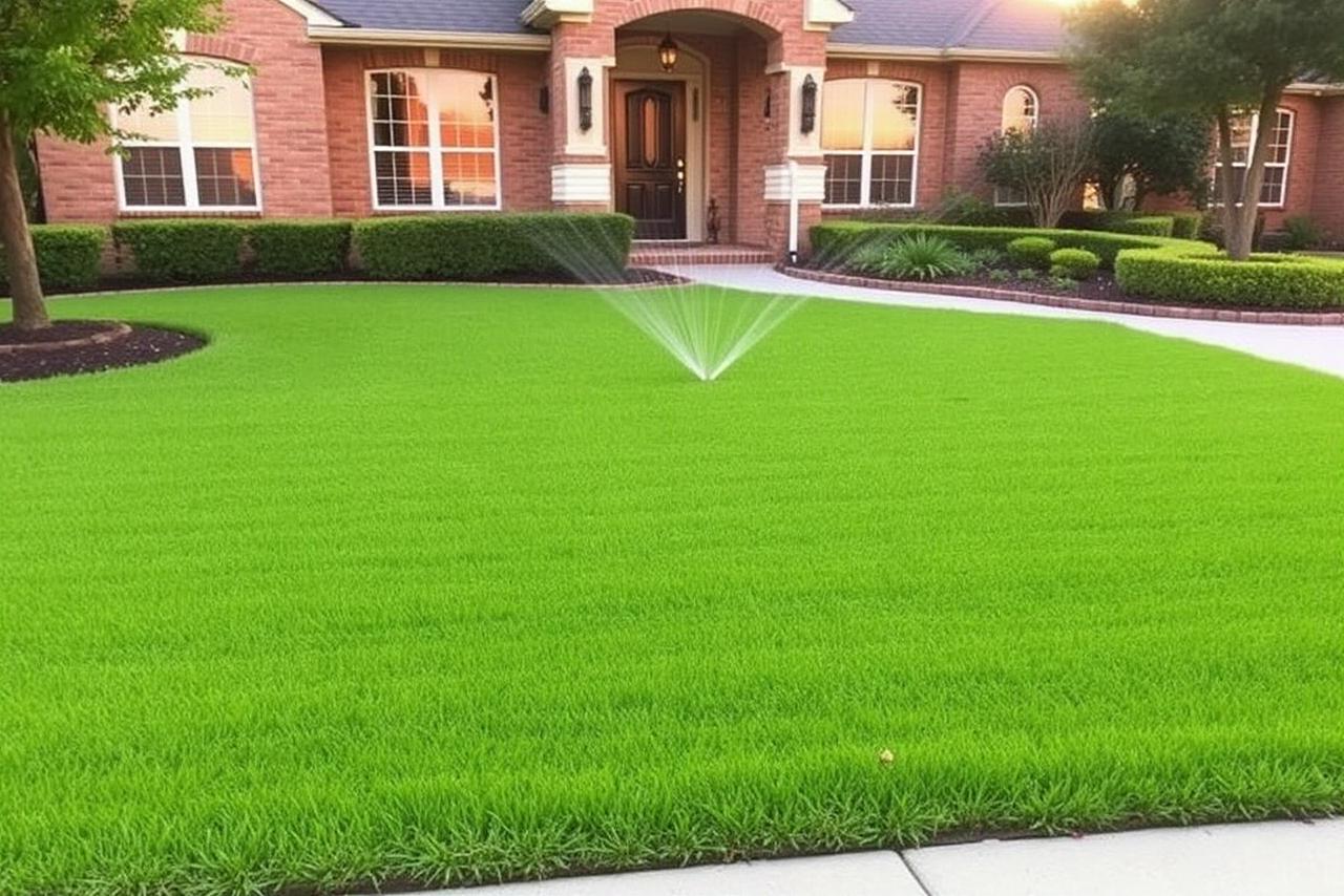 Lush green front lawn with new sprinkler system running at golden hour