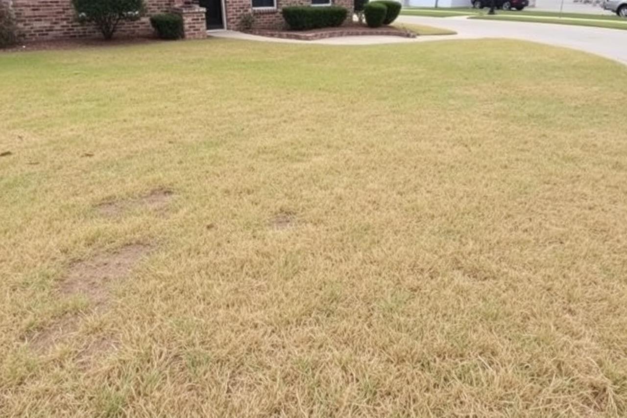 Patchy, dry brown front lawn with bare dirt spots before irrigation install
