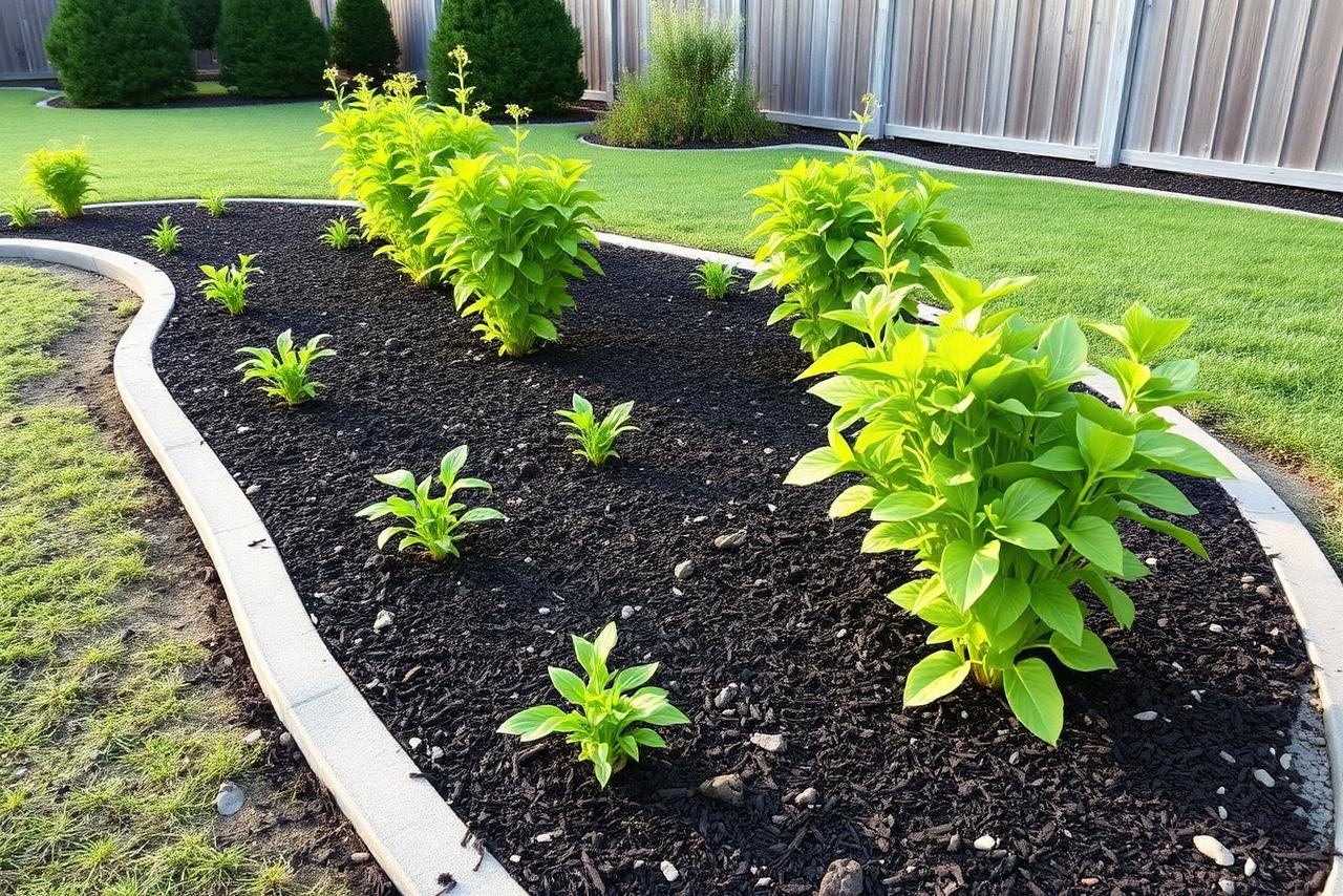 Renovated garden bed with fresh mulch, healthy plants, and tidy drip lines