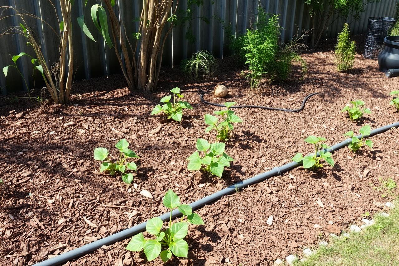 Overgrown neglected garden bed with exposed broken irrigation tubing