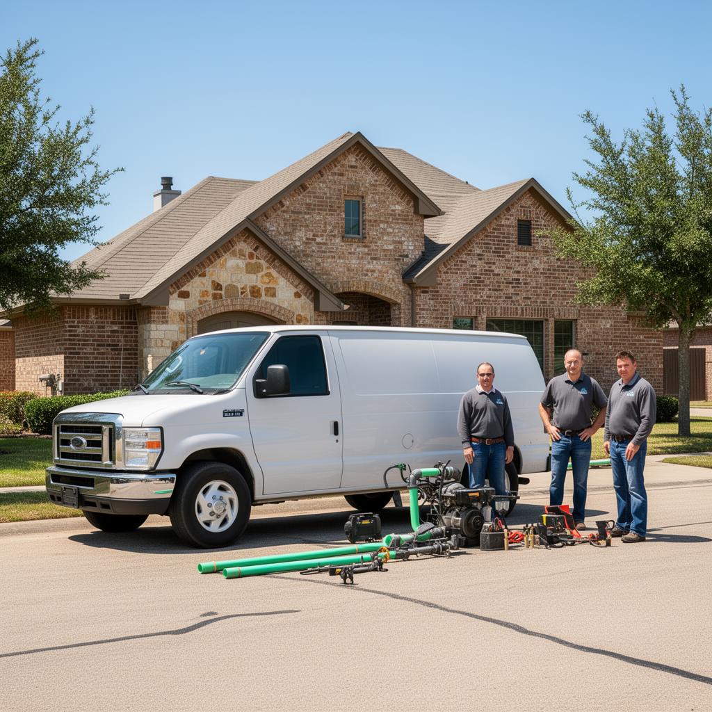 214 Irrigation Design crew and service van at a North Texas home